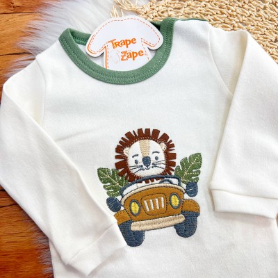  CONJ. DE MALHA 3 PEÇAS - Leãozinho com Jeep - Verde e Off White